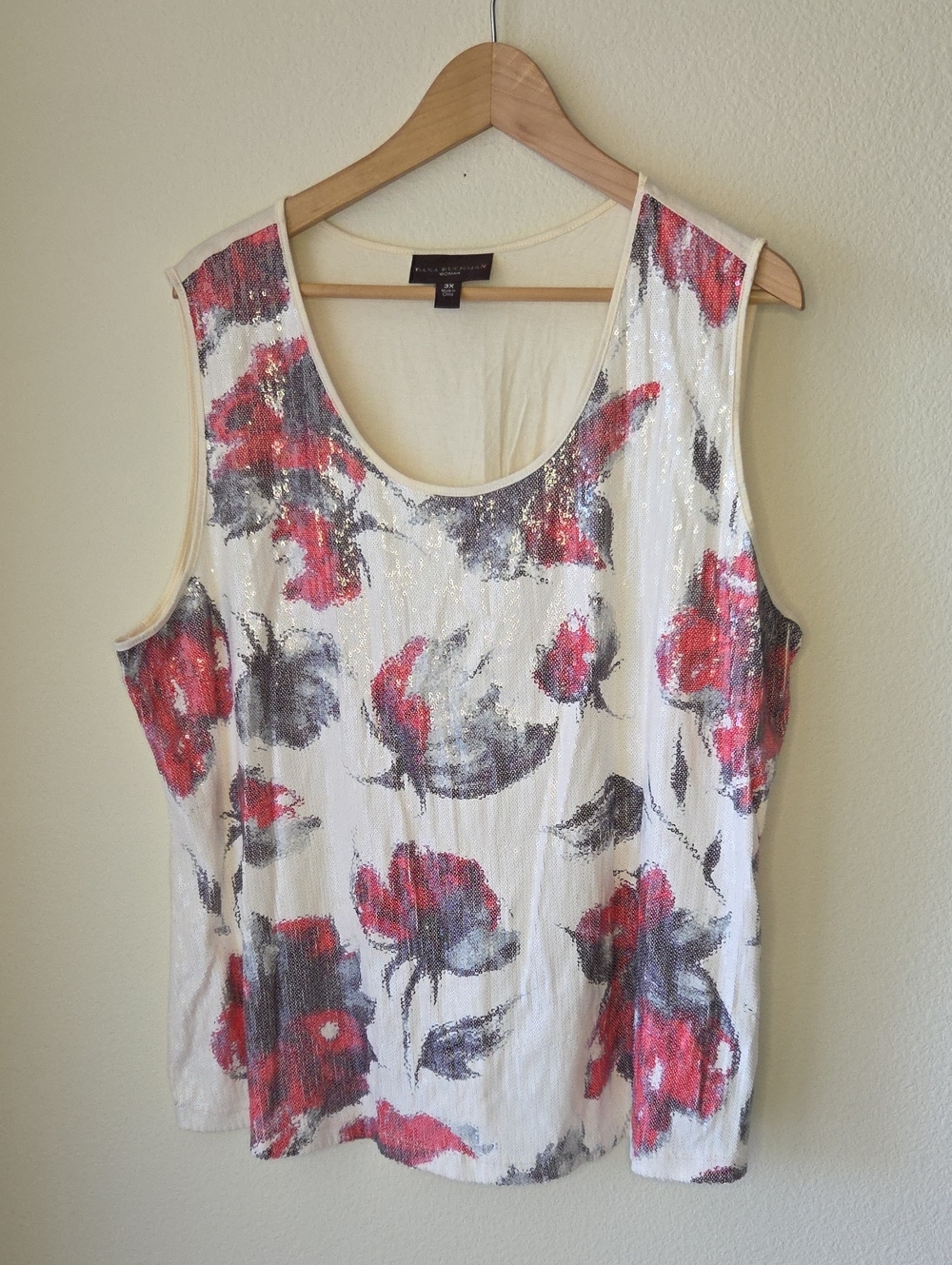 Dana Buchman White Tank Top with Red & Gray Floral Sequin Print